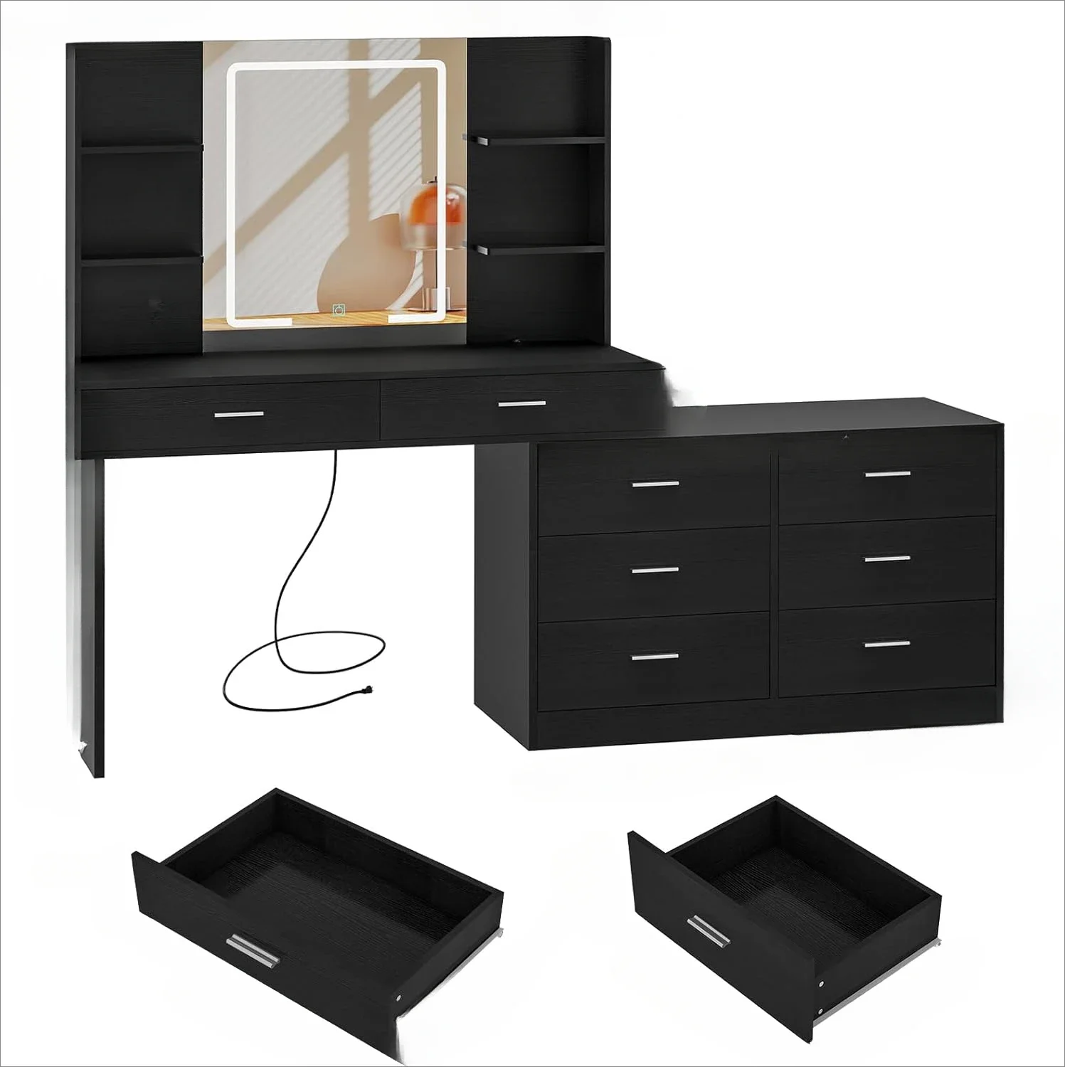 

A Vanity Desk with LED Lighted Mirror & Power Outlet, Modern Corner Makeup Vanity Table with 8 Drawers & Open Shelves Dressing