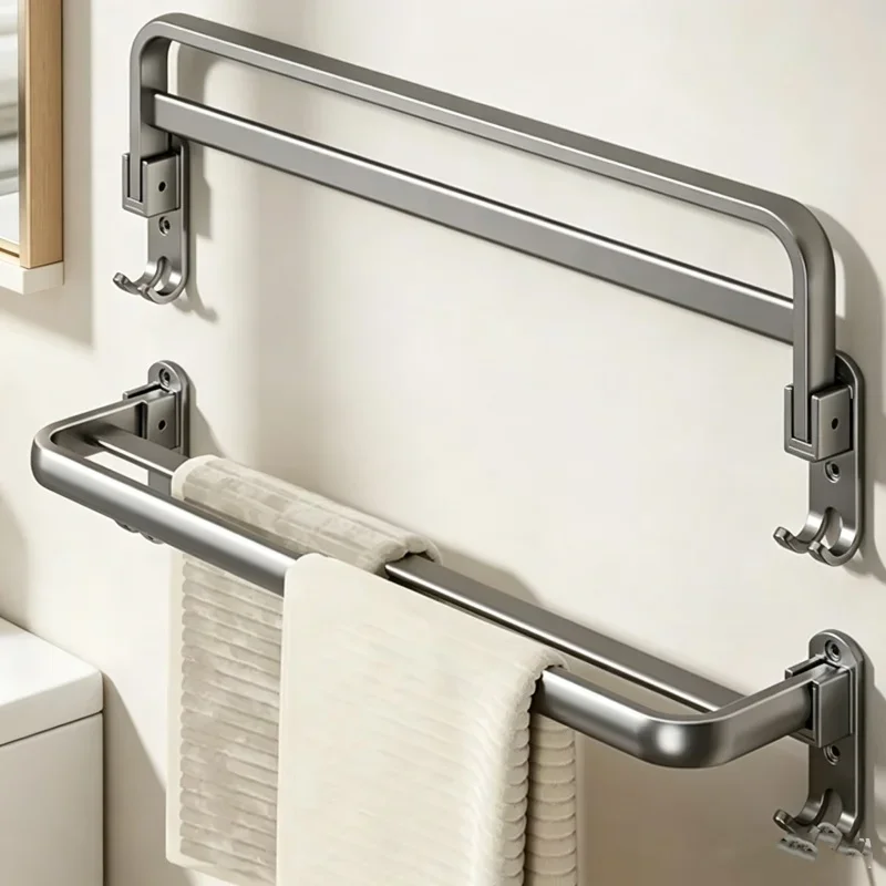 

Non Perforated Space Aluminum Towel Rack Folding Double Pole Wall Mounted Design Bathroom Toilet Space Saving Towel Storage Bar