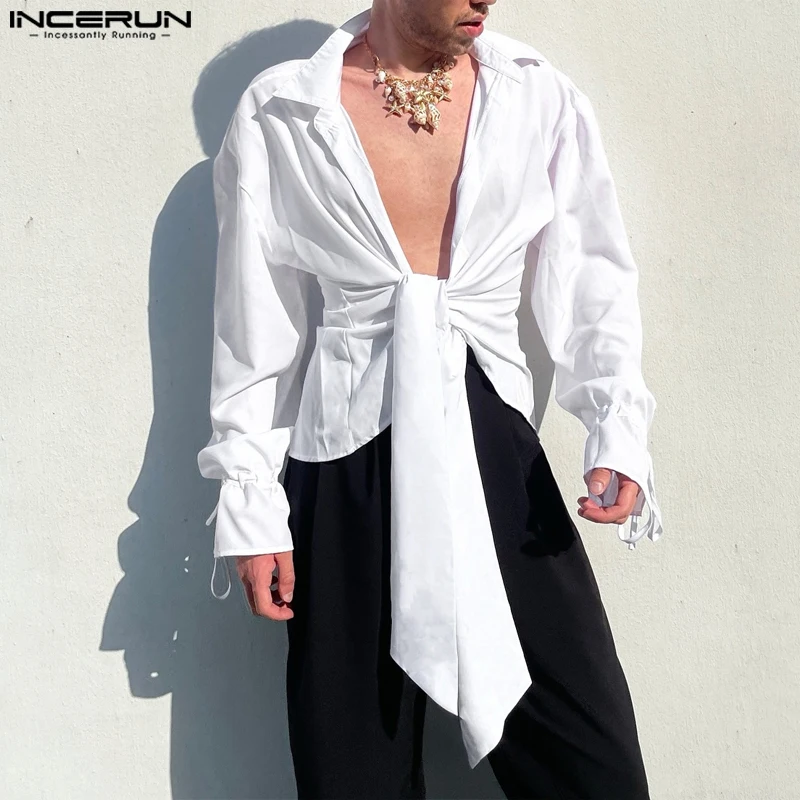 INCERUN 2024 Casual Amerikaanse Mode Shirts Mannen Lange Mouw Effen Kleur Tops Sexy Revers Elegante Kink Blouses Vintage Stijl Tops