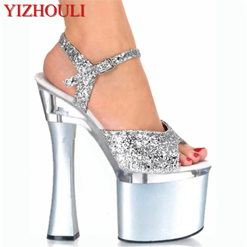 

New shiny silver 18 cm sexy ultra high heel platform pole dancing/performance/star/model party dance shoes