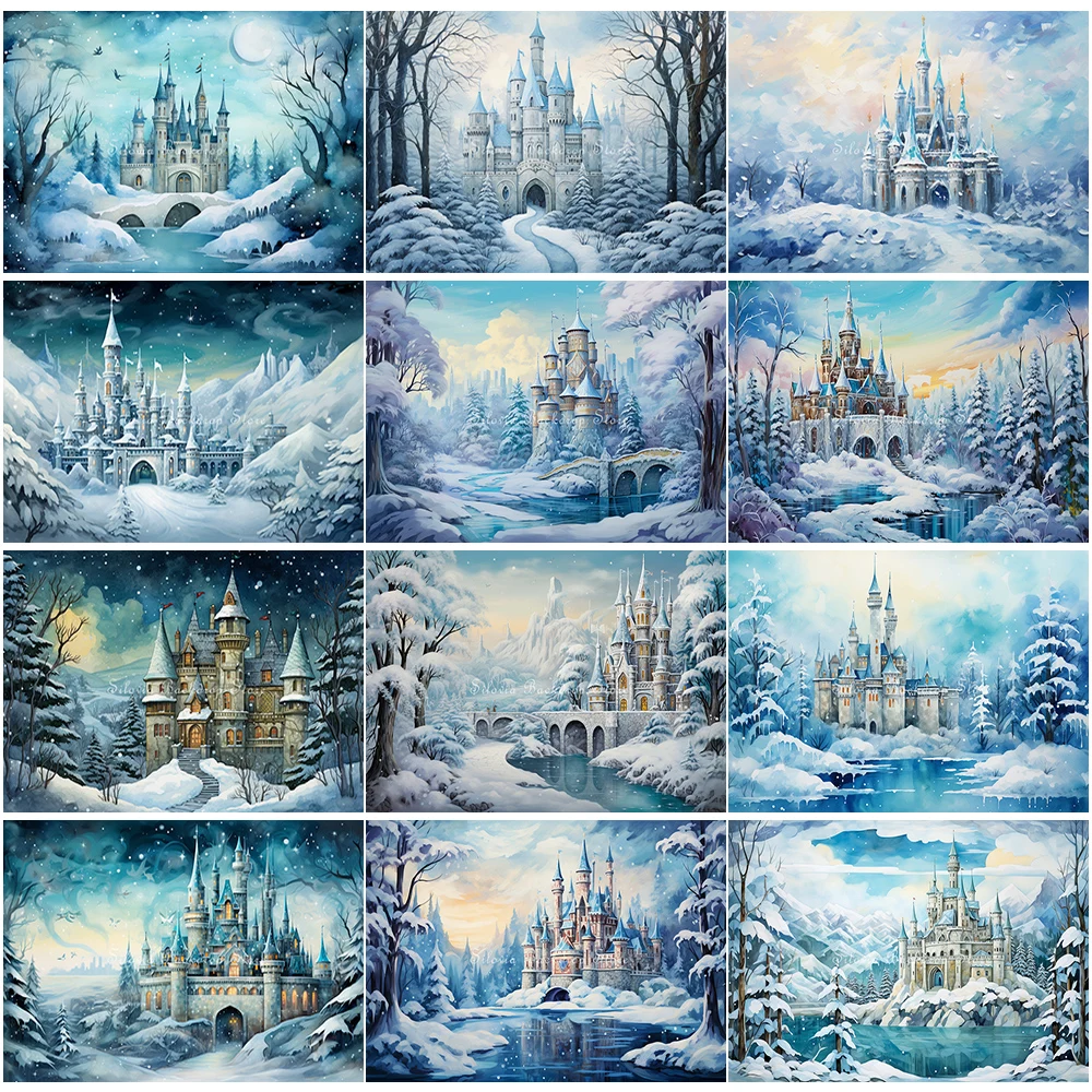 

Fairy Tale Ice Snow Blue Castle Photo Background Winter Forest Wonderland Photography Backdrop Kids Portrait Photo Studio Props