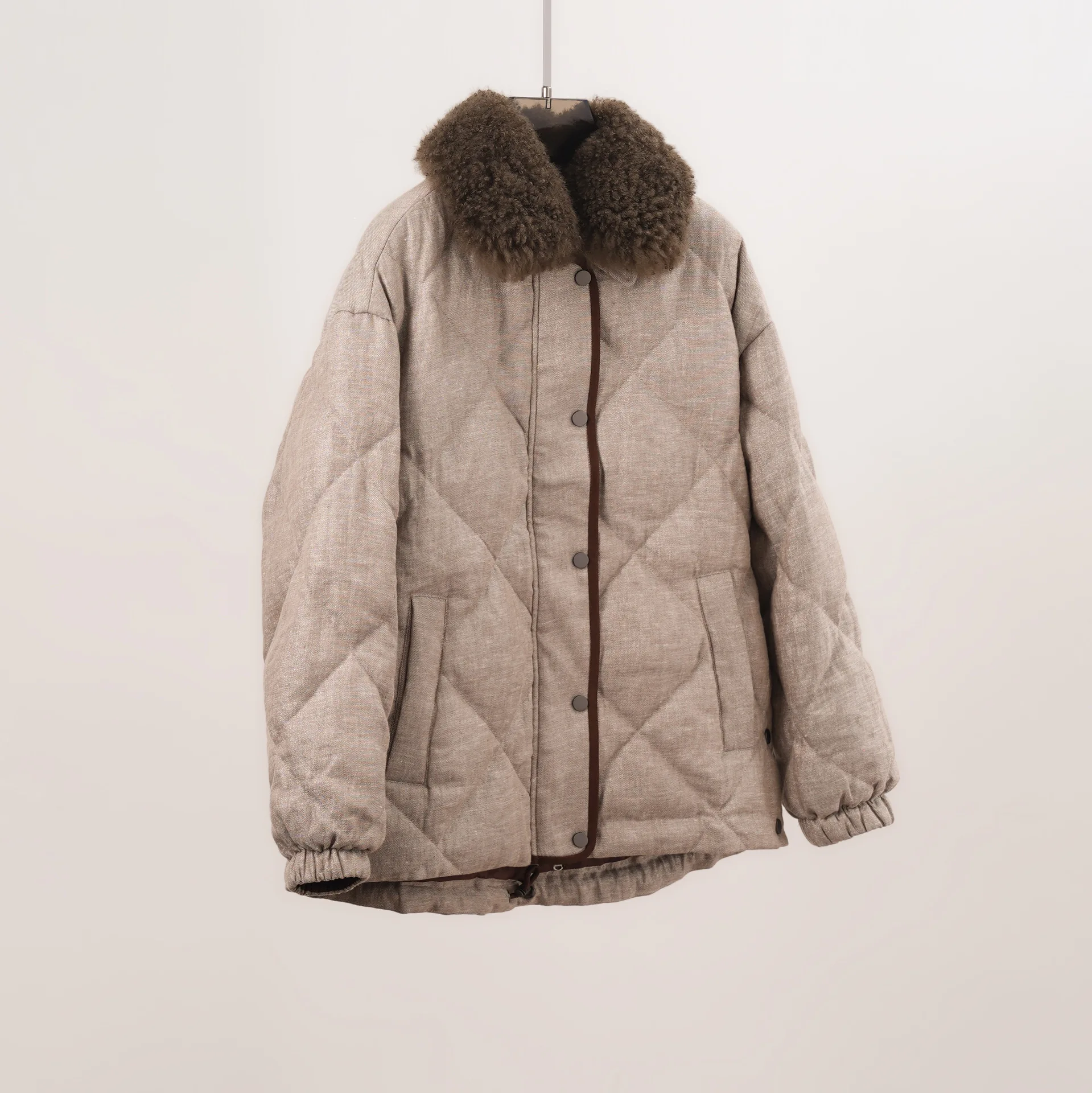

Autumn/Winter Premium Linen-Blend Gold-Silver Thread Lambswool Collar 90% White Goose Down Jacket For Women