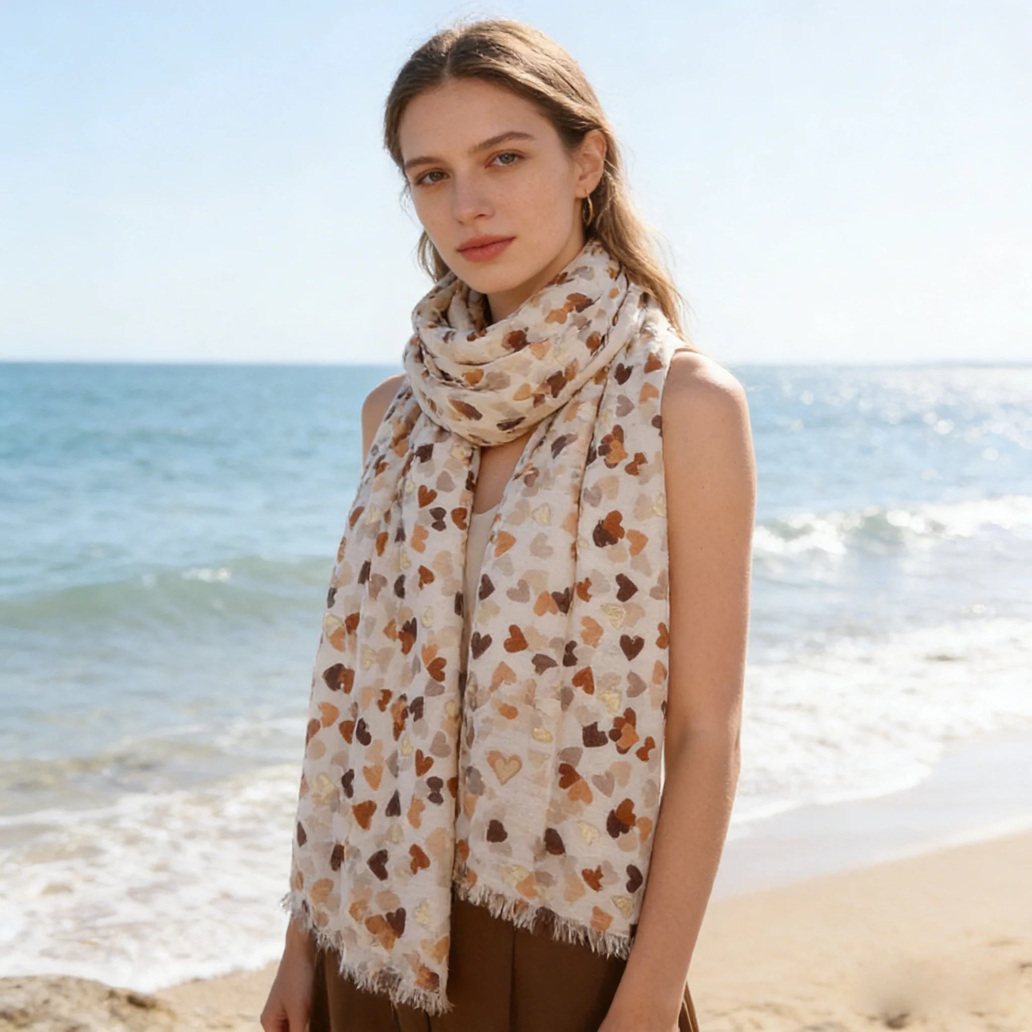 

Женский коричневый шарф с принтом в виде сердечек из золотой фольги, легкий дышащий шарф из полиэстера, большой декоративный шарф 88x180 см, Ge