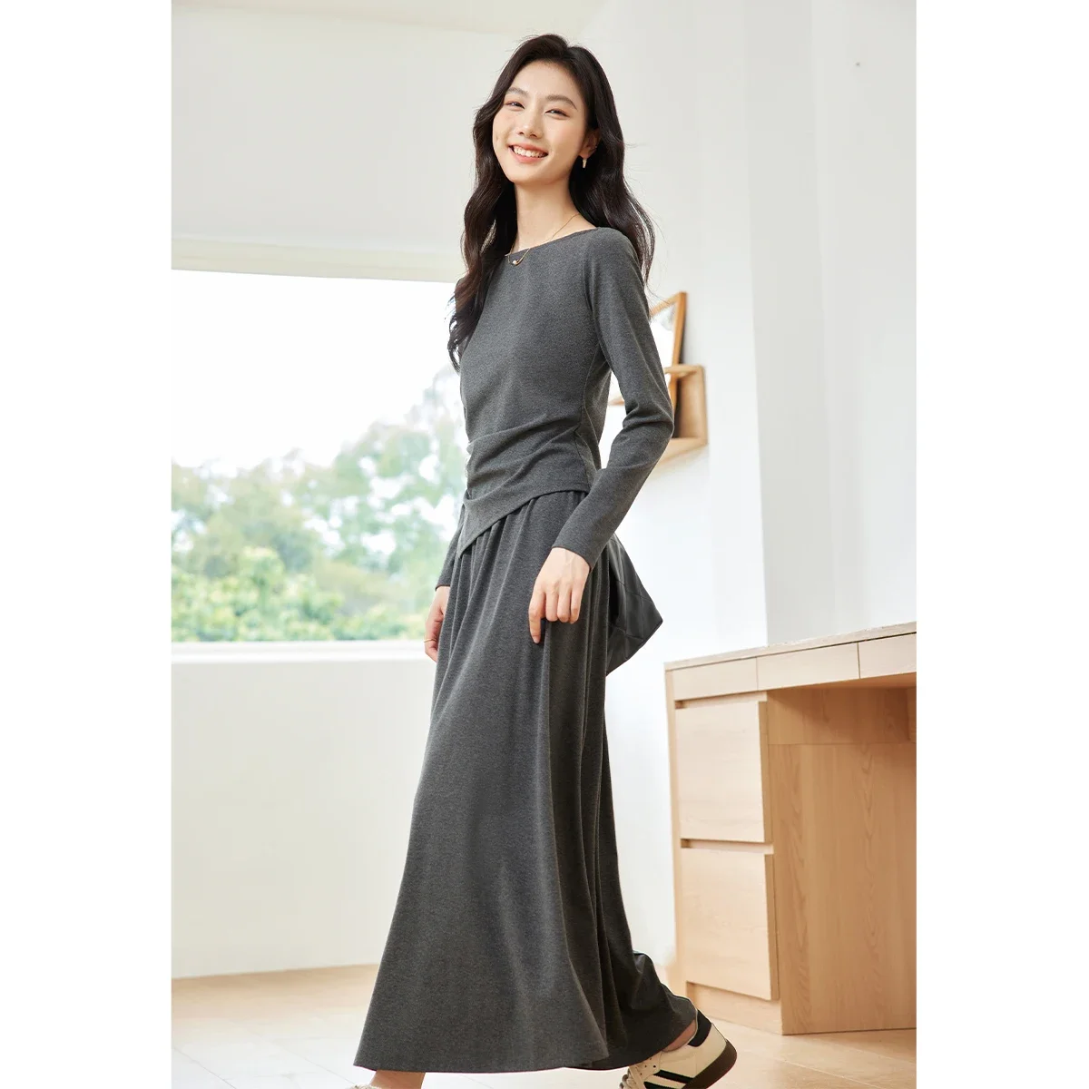 VIMLY Women's Elegant Solid Long Skirt Sets Off-The-Shoulder Long Sleeve Hem Irregular Tops Elastic Waist Skirt Autumn Suit