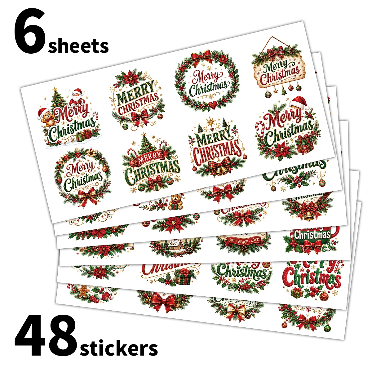 48 Stück - 6 Blätter Frohe Weihnachten UV-DTF-Transferaufkleber für Tassen, Glasgefäße, Ornamente, Fenster, Heimparty- und Feiertagsgeschenkdekorationen – Detail 1