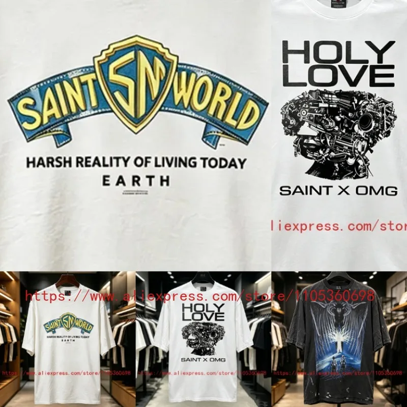 Fashion New SAINT Men's T-Shirt Harsh Reality Earth Slogan Shield Graphic White Casual Tee High Quality Top