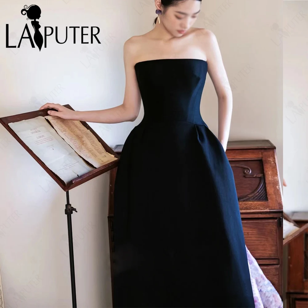 Black Satin Evening Dresses with Floral Organza Train Strapless Neck Party Celebrity Dress A line Decent Lady Prom Gown