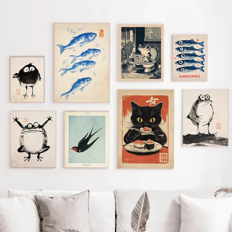 Japanese Kawase Hasui Style Vintage Bird Frog Crane Animal Canvas Poster Minimalist Asian Brush Art Print Home Wall Decor Gift