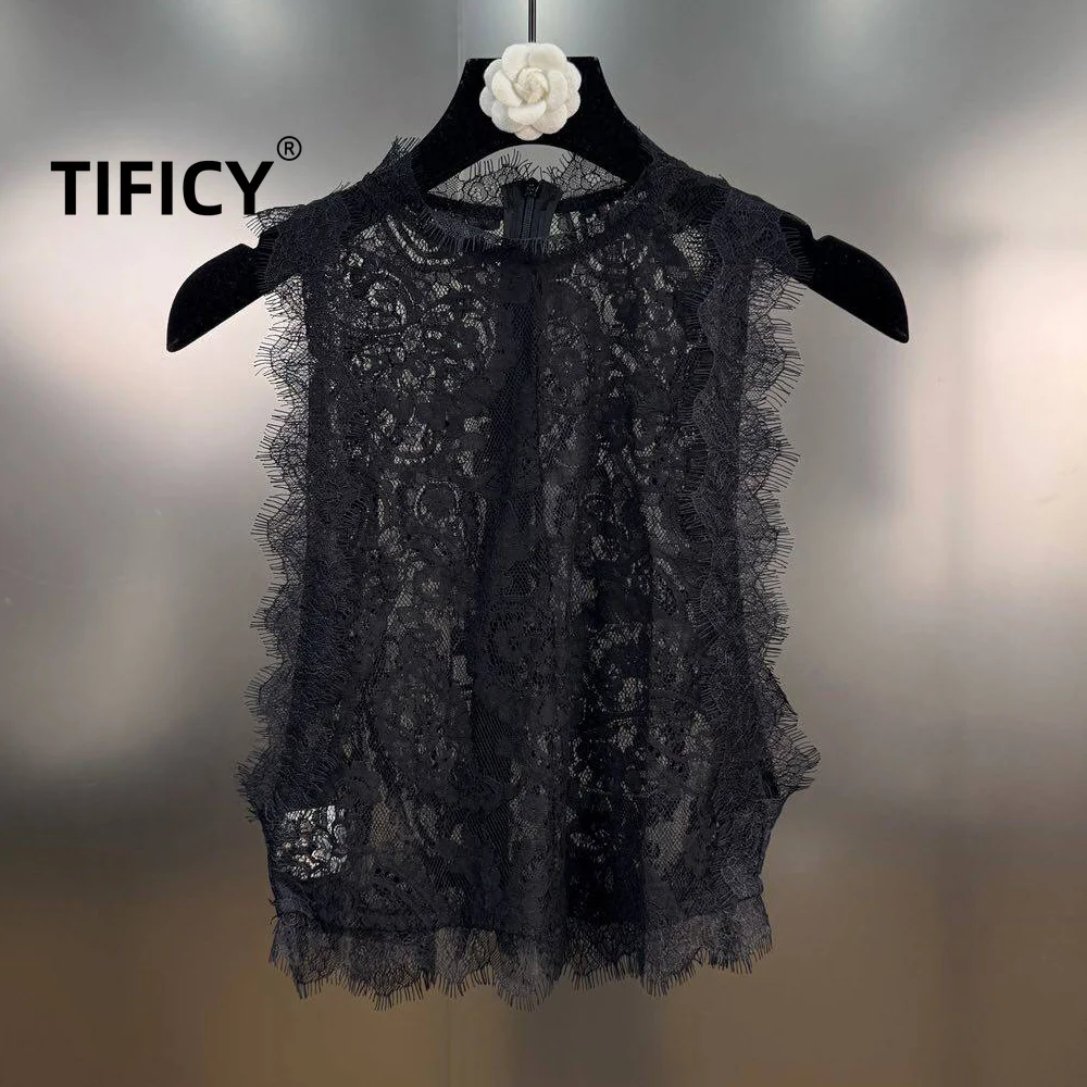 High Street Tanks Men's Spring and Summer New French Retro Lace Pattern Patchwork Versatile See Through Tanks