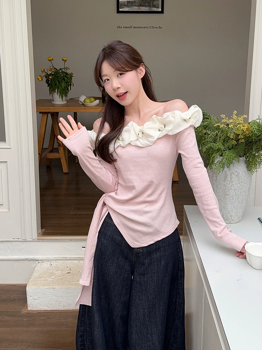 

Pure Aesthetic 2024 Spring T-Shirt 3D Floral Off-Shoulder Slim Fit Asymmetric Top for Women Girl Office Lady High Quality New