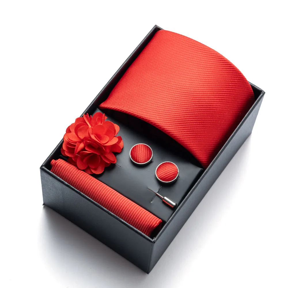 4-teiliges Set – einfarbige Herrenkrawatte, Einstecktuch, Manschettenknöpfe und Ansteckblume, hochwertige Geschenkbox, stilvoll und praktisch, El – Detail 5