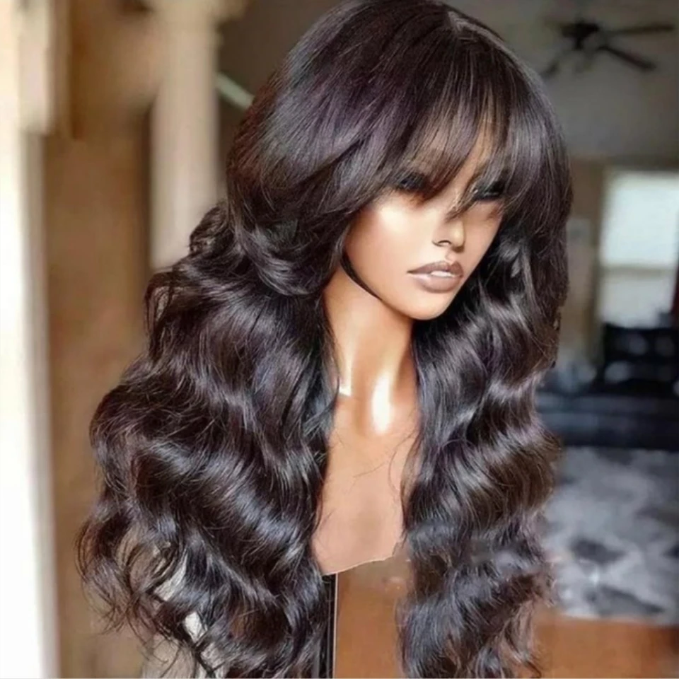 Long Body Wave Human Hair Wigs With Bangs Full Machine Made Wigs Natural Color Glueless Brazilian Human Hair None Lace Wigs