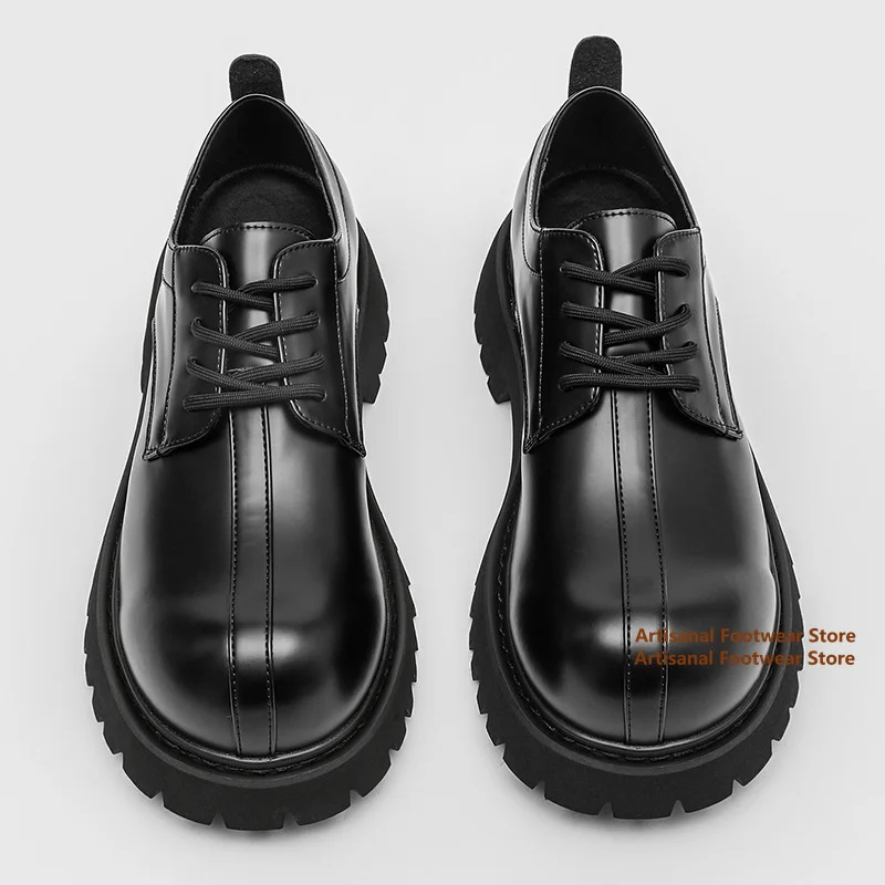

Black Leather Platform Derby Shoes for Men Chunky Sole Lace-Up Fashion Shoes Non-Slip Patent Leather Shoes Trendy Men's Shoes