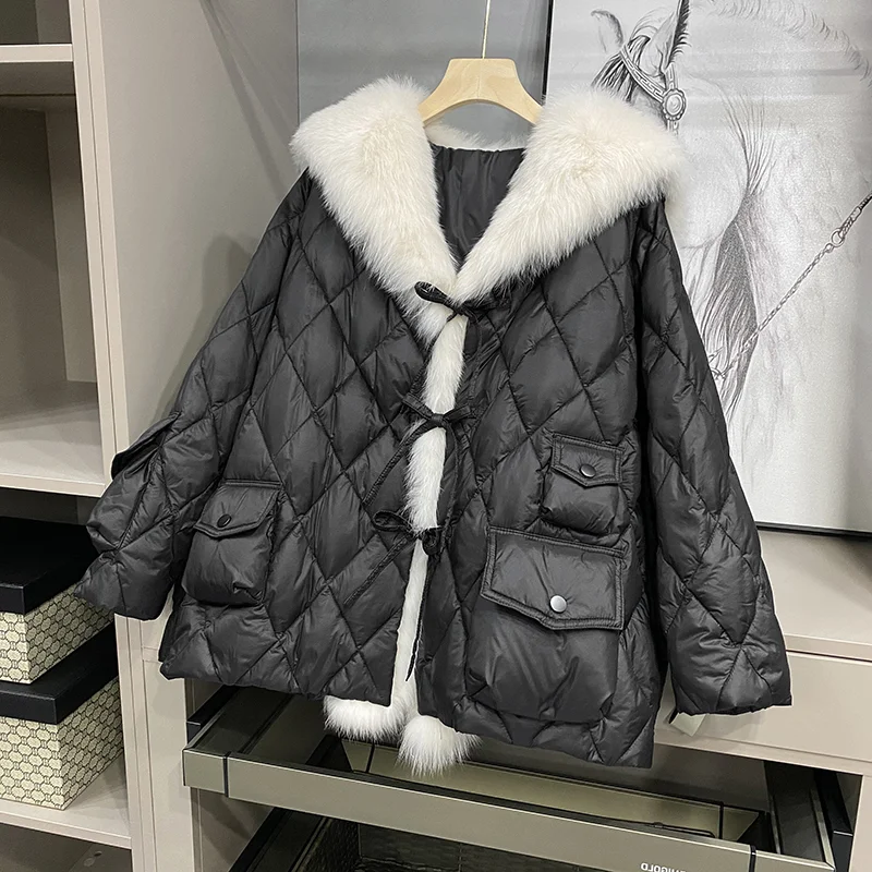 2024 New Female Fox Fur White Duck Down Down Jacket Thicken Warm Parkas Coat Loose Jacket Coat Fox Fur Collar Outwear