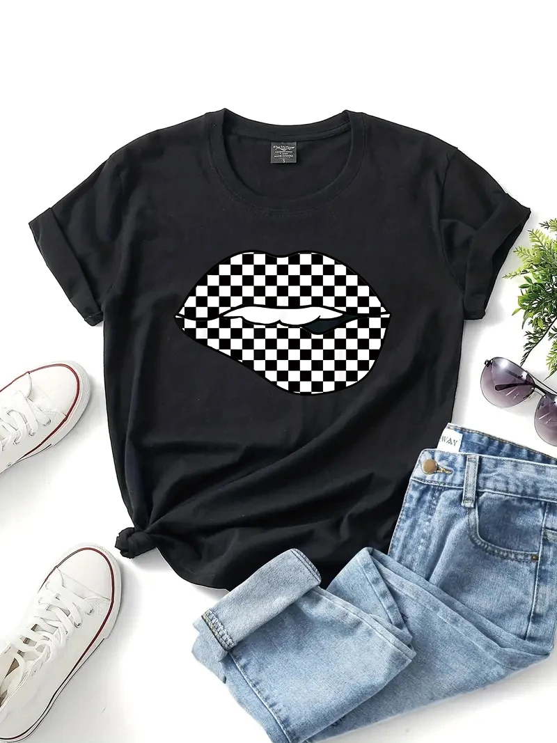 Funny Checkered Black White Lip Print Summer New Short Sleeve Women Clothing T-Shirt Harajuku Women\'s Tee Tops