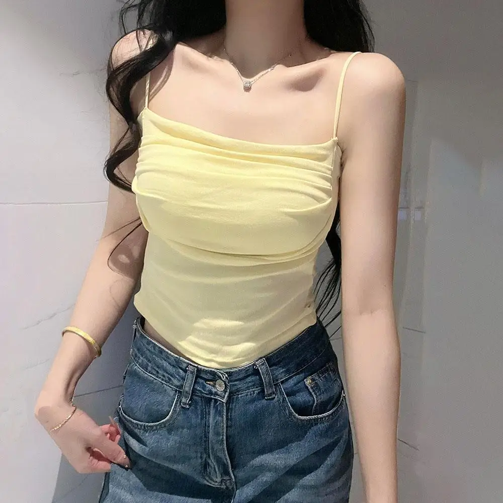 Top sem mangas feminino, roupa íntima, camisola justa, sexy, curto, com alças finas, sutiã embutido, colete coreano y2k