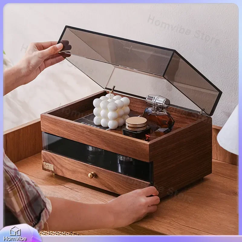 Walnut Tea Set Storage Cabinet Desktop Organizer for Teacup Teapot Dust Proof Display Box Jewelry Cosmetics Holder Furniture