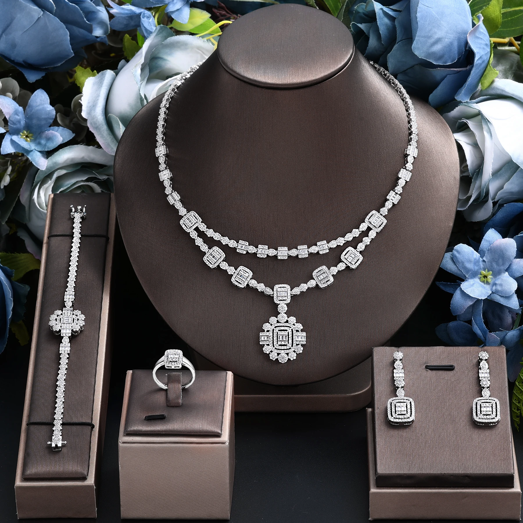 

2024 Elegant Cubic Oxidized Water Droplet Design 4-Piece Women's Necklace and Earrings Bridal Jewelry Set Nigeria Wedding