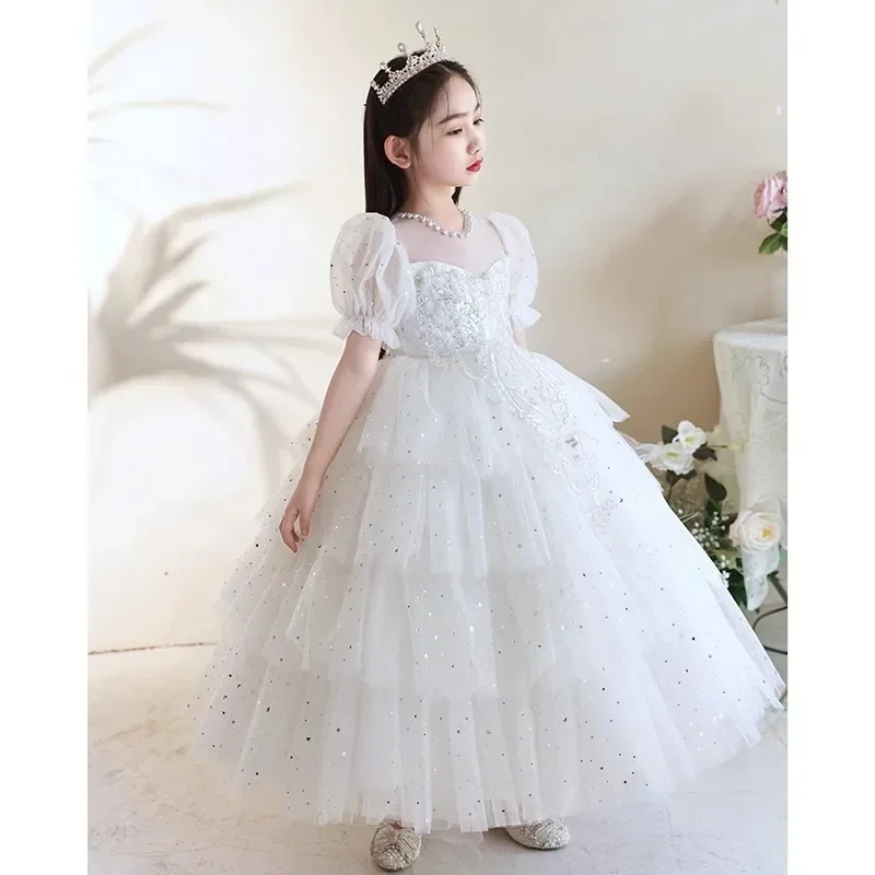 2024 New Pink Super Immortal Pengpeng Sha Princess Flower Girl Piano Performance Dress Little Girl Model Walk Show Dress