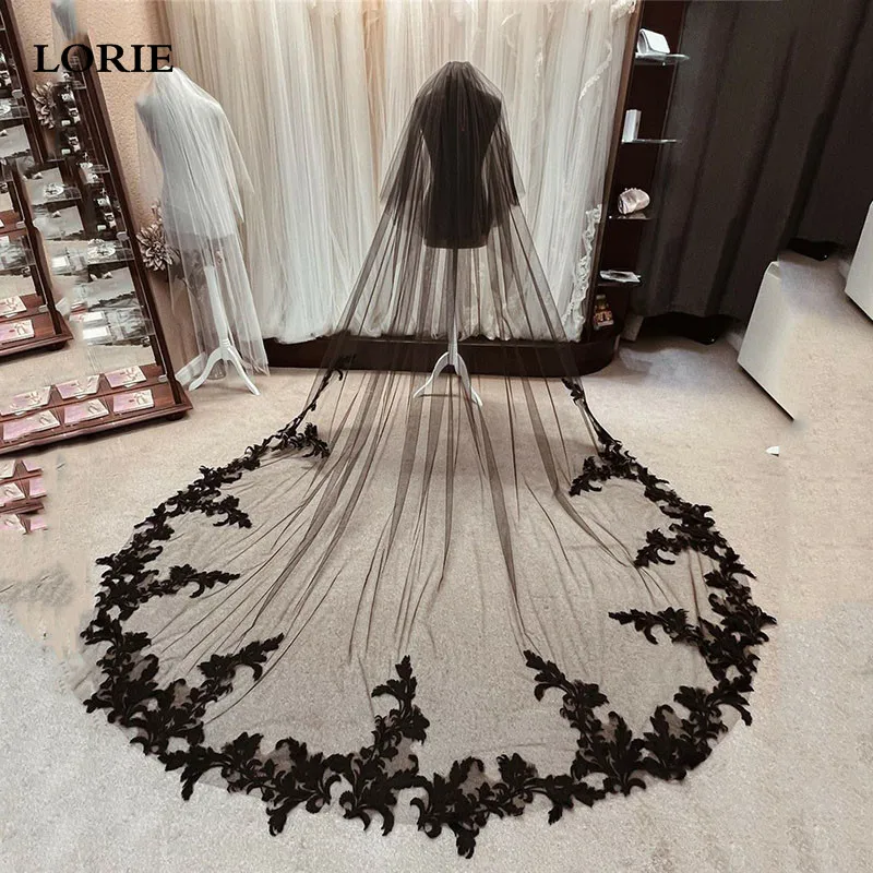 

LORIE Elegant Black Lace Bridal Veils Appliqued Lace Vedding Veils Soft Tulle Long Cathedral Veil Velos de Novia 2024