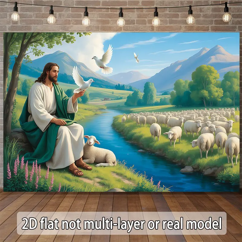 Huge Jesus Biblical Tapestry Wall Hanging Christian Spiritual Art Decor Landscape Dove Sheep Shepherd Pastoral Religious Home