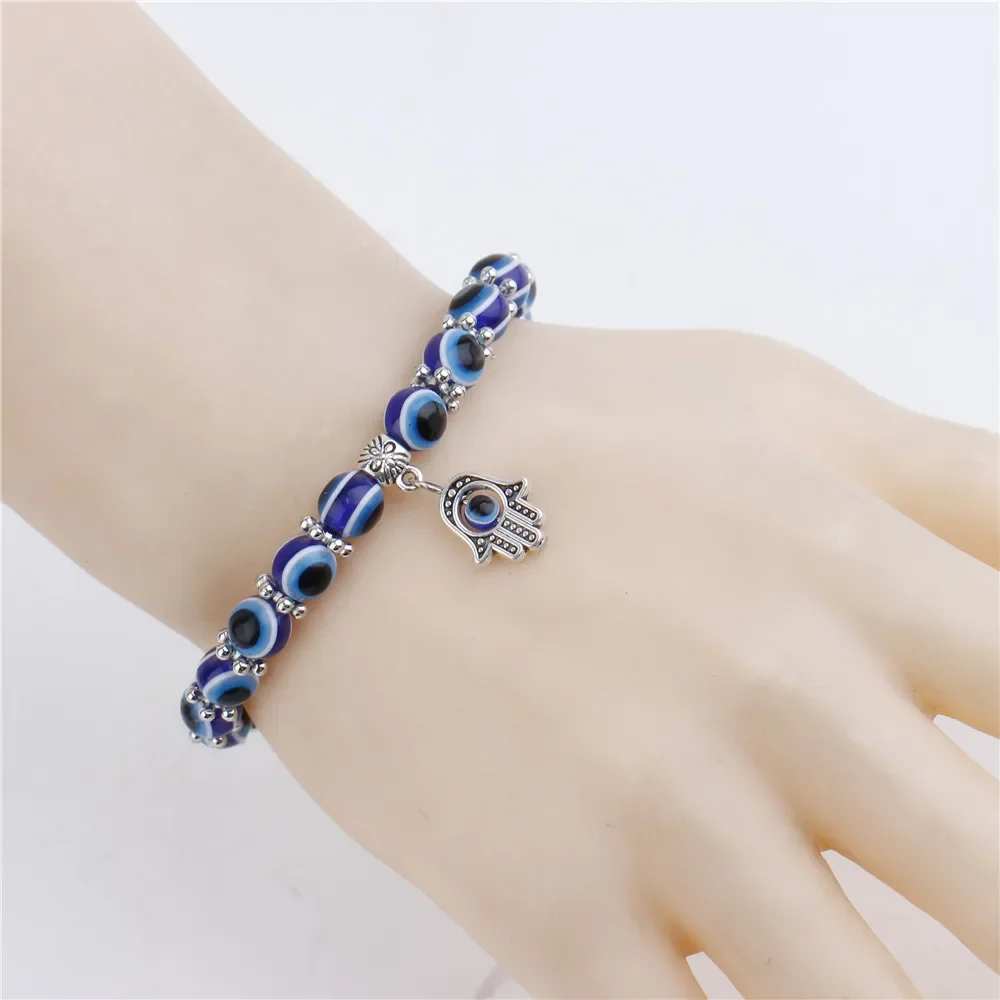 Classic Lucky Evil Eye Bracelets for Men Women Blue Evil Eye Palm Butterfly Pendant Beads Bangles Handmade Charm Jewelry