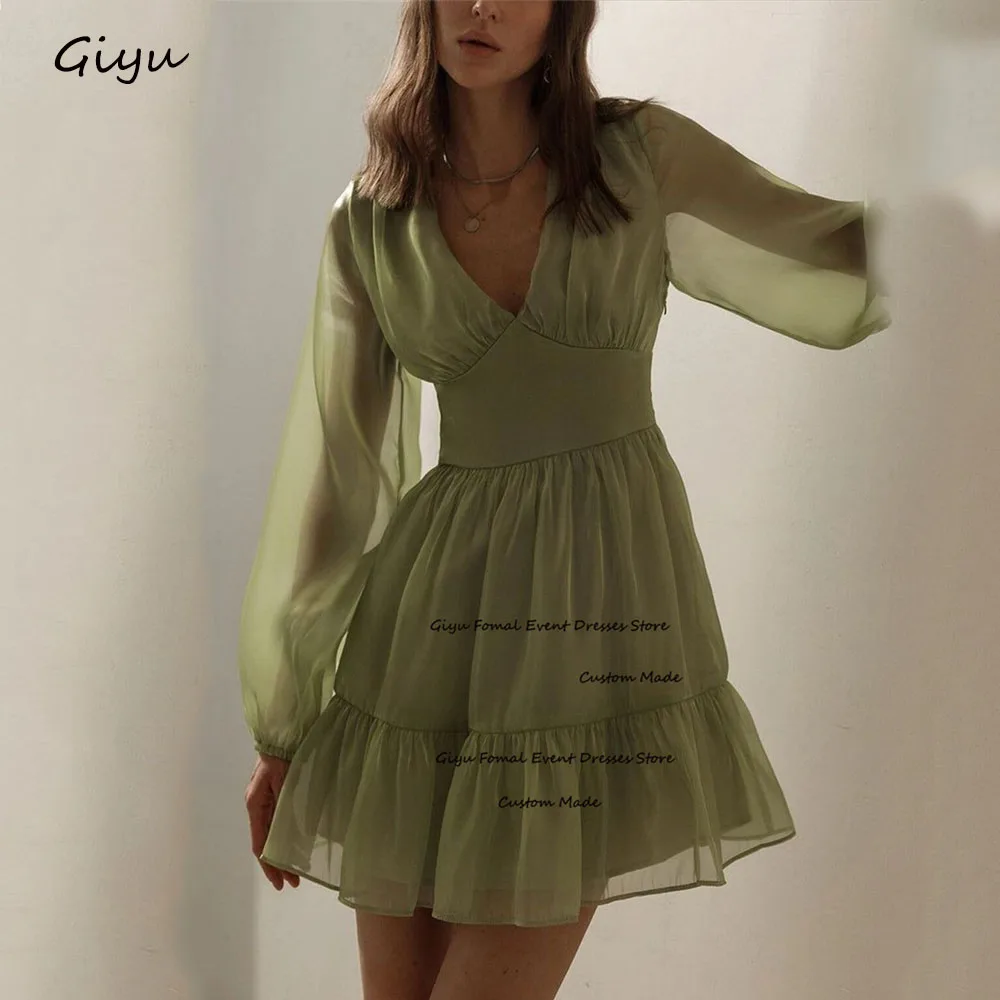 

Giyu Modern Style Light Green Prom Dress V-Neck Mini-length Above The Knee Draped Birthday Party Dress Summer Dress