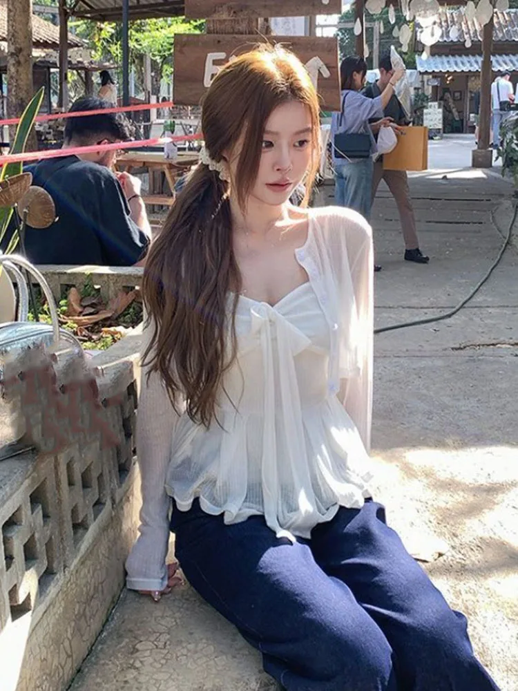 Spring Autumn New Long Sleeve White Cardigan Coat Women+ Sexy Slim Fit Strapless Camisole Vest 2025 New Two Piece Sets