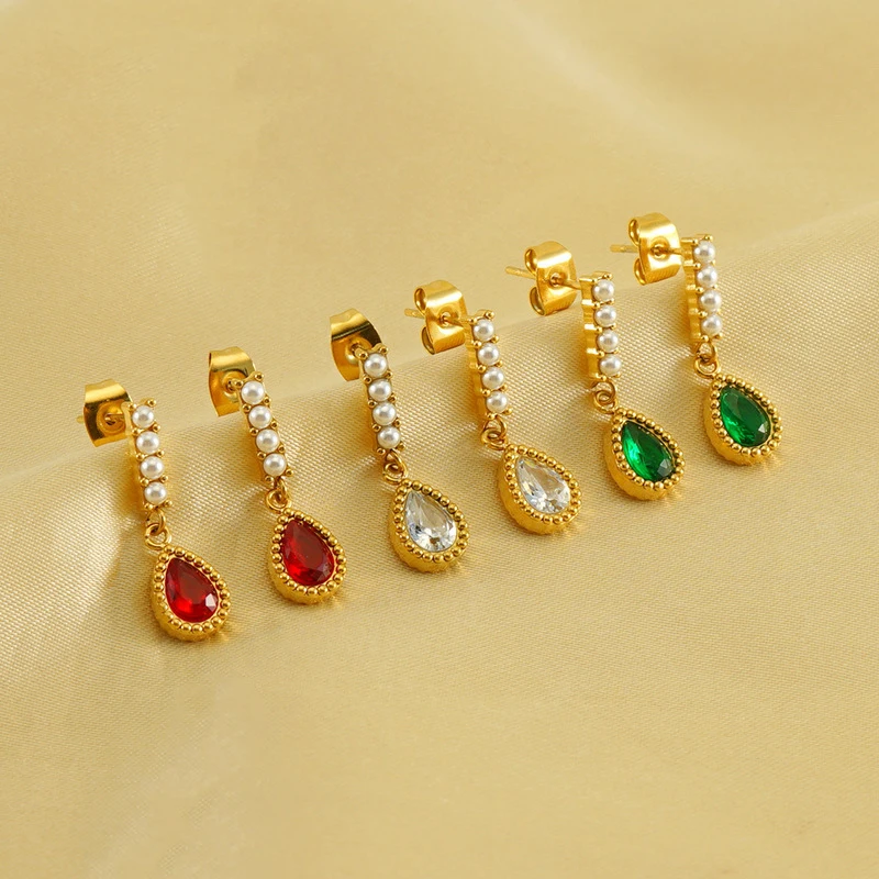 10個入り-ファッション-ステンレススチール-金メッキ-水滴型-ジルコン-ペンダント-パール-ドロップ-イヤリング-女性用