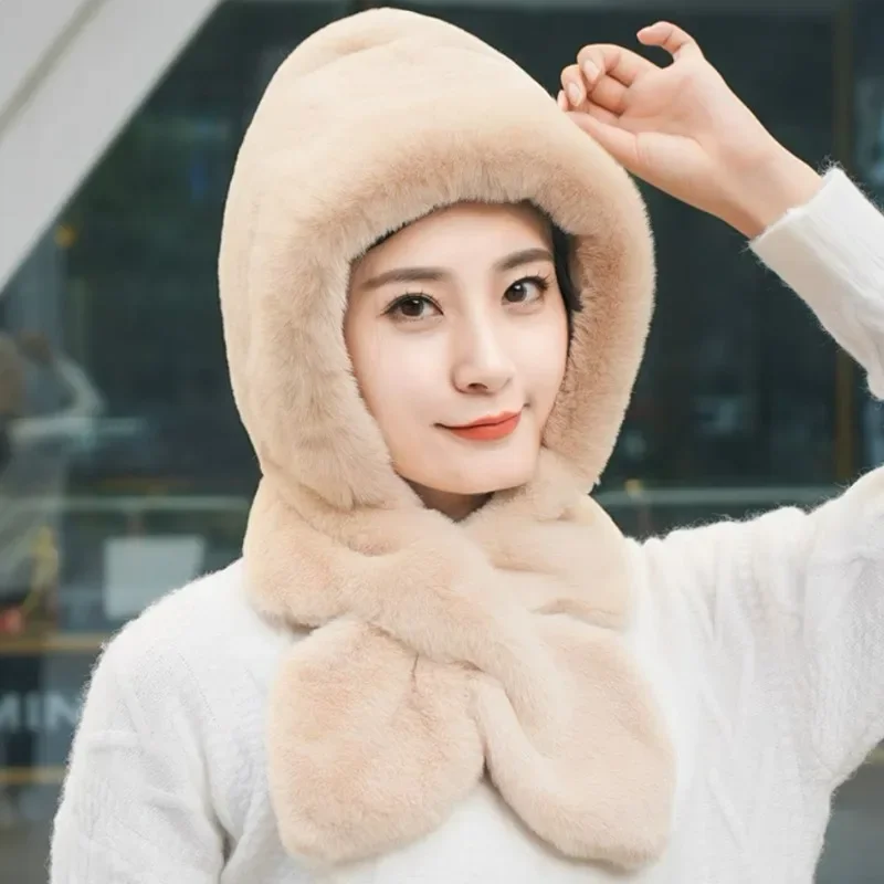 Two-piece Set Scarf Hat Winter Plush Thicken Warm Chill-proof Soft Fleece Cap Fashion Cross Style Neckerchief for Women