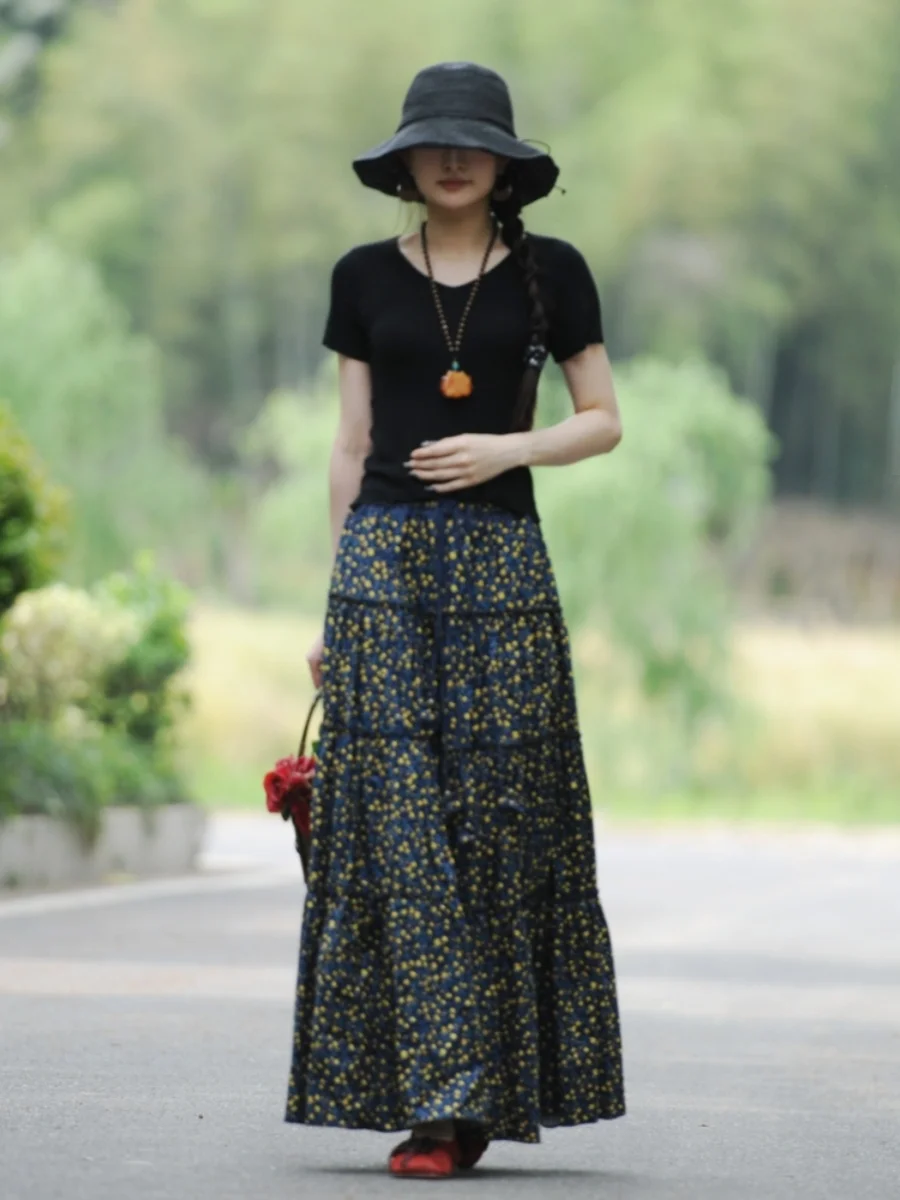 Free Shipping 2024 New Fashion Long Maxi A-line Elastic Waist Women Summer Spring S-2XL Cotton Poplin Print Big Hem Skirts