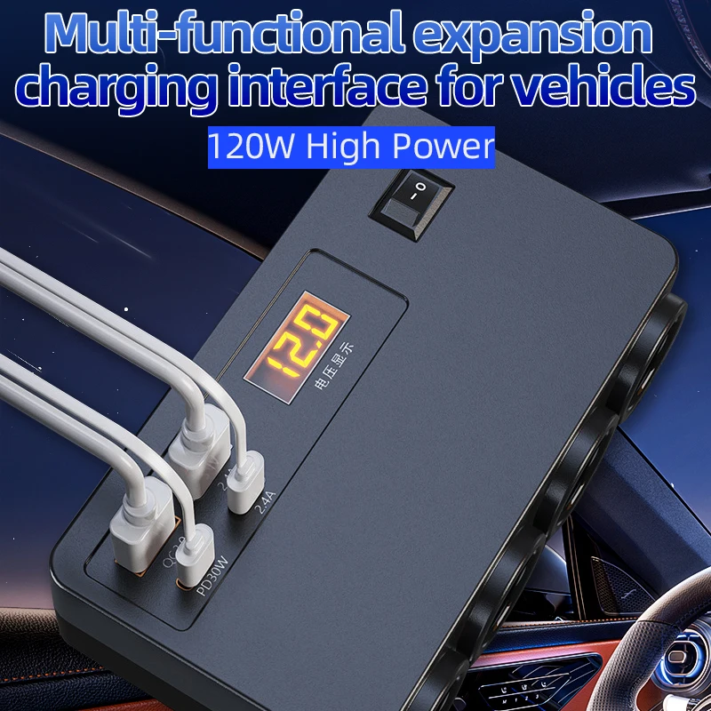 

Vehicle-Mounted Charger Four-In-One Cigarette Lighter Multifunctional Expansion Power Adapter With Digital Voltage Display