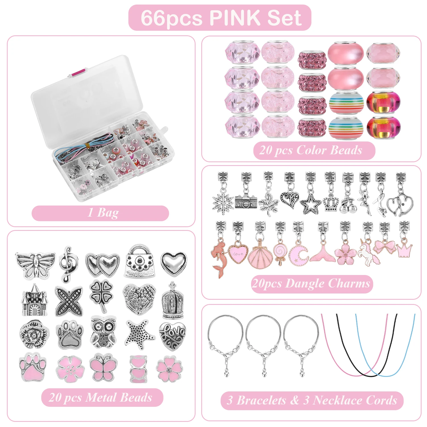 66pcs Plastic Box Jewelry Making Set, DIY Craft Beading Set, Including Pink Beads, Pendants, Suitable for Necklace Bracelet DIY