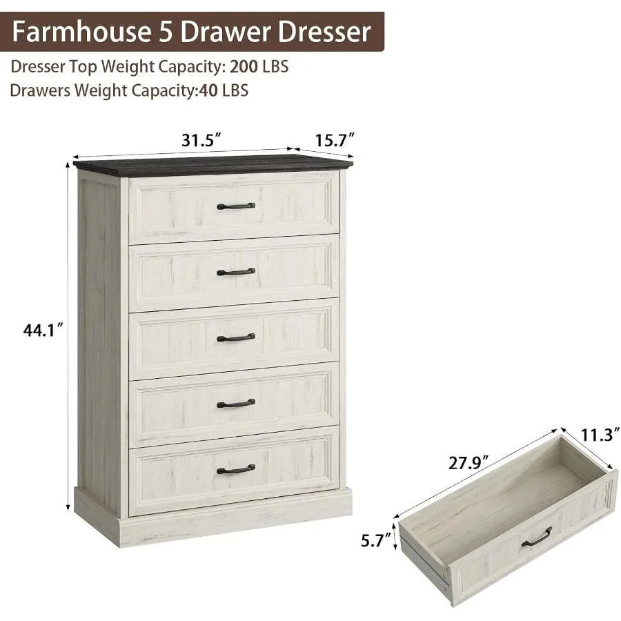 خزانة ذات 5 أدراج لغرفة النوم مزرعة 44 خزانة بيضاء طويلة ذات أدراج خشبية ريفية مع مقبض معدني عريض نسيج تورال