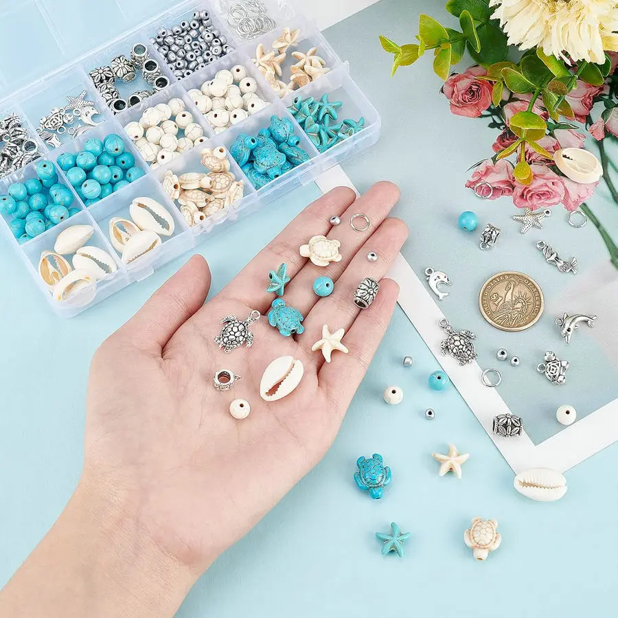 

Turquoise Starfish Mermaid Turtle Charms Beads Kit 292pcs Summer Beach Beads Charms Alloy Sea Pendants for DIY Jewelry Making