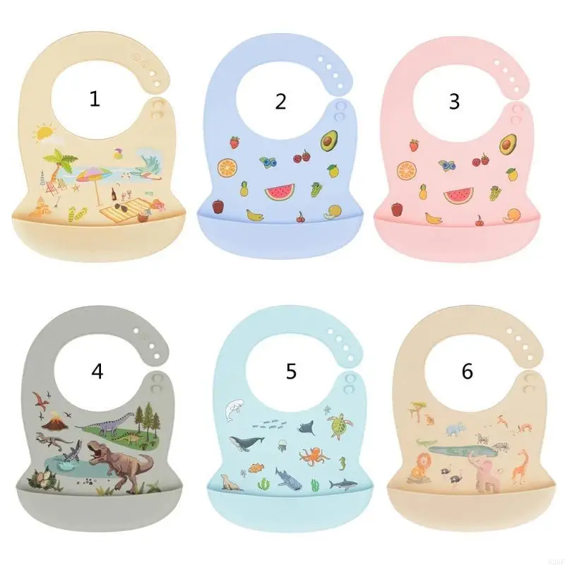 

E06F Baby Cartoon Waterproof Bibs Silicone Newborn Feeding Catcher with Pocket Adjustable Apron