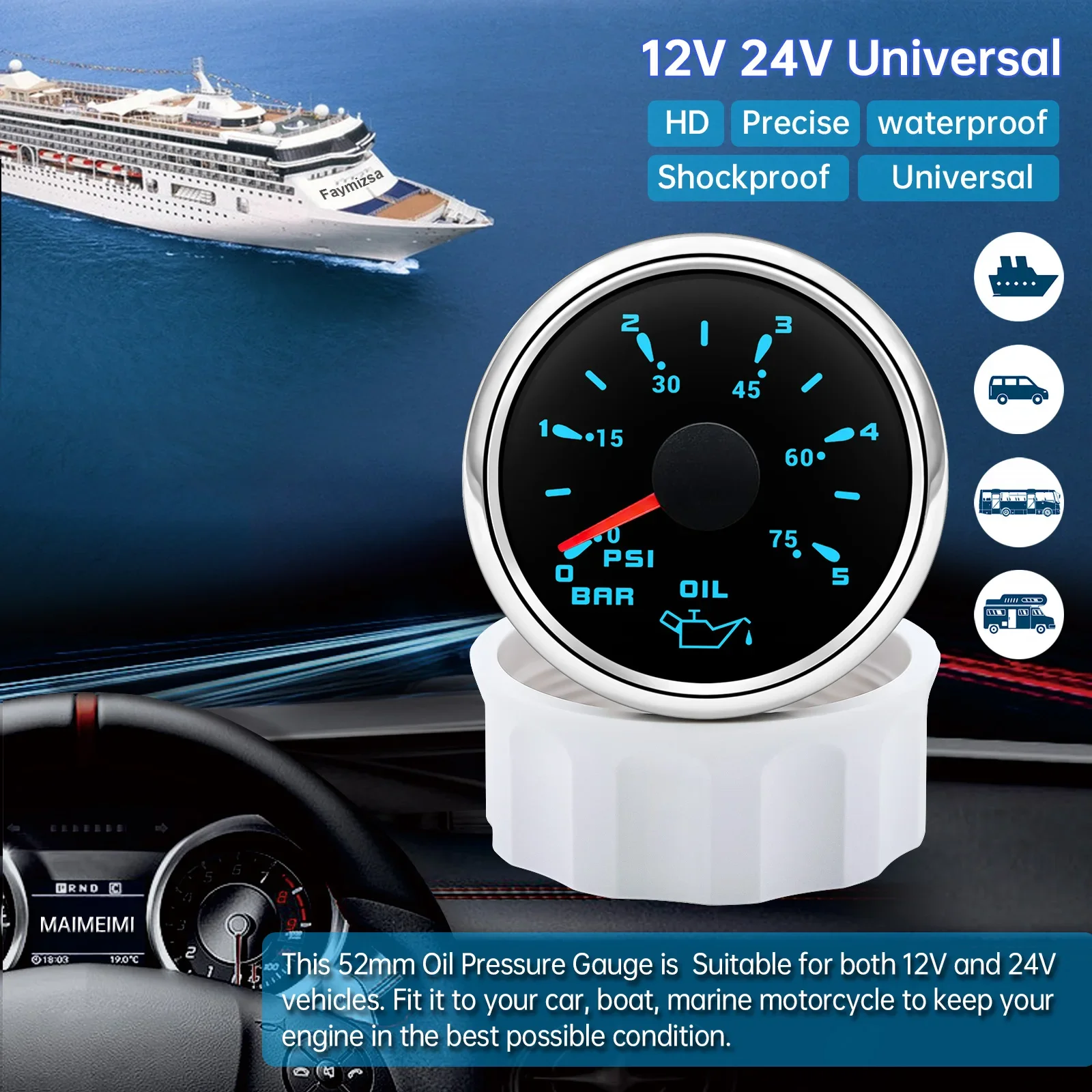 Marine Car Boat 52mm Oil Pressure Gauge+Sensor 0-5Bar 0-10Bar 7 Color Backlight Oil Press Meter Oil Press Indicator 12V/24V