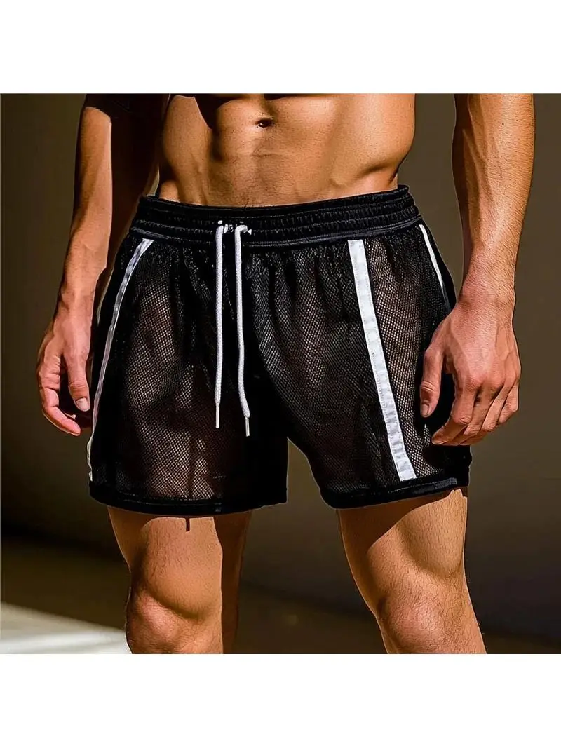 Men's Summer Thin Mesh Sexy See-through Short Pants Striped Sport Casual Trousers Breathable Lightweight Polyester Fiber