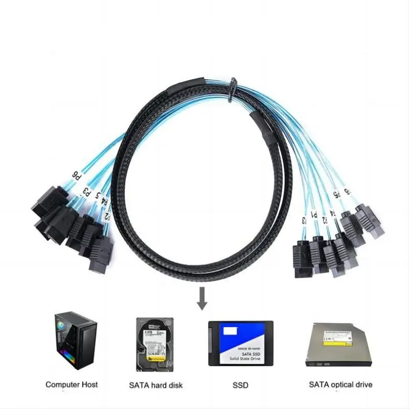 6-контактный кабель Minisas для передачи данных 4 Sata 3,0 7p с плетеной сеткой, компьютерный кабель для жесткого диска 6 Гбит/с, скорость Интернета для интерфейса SATA