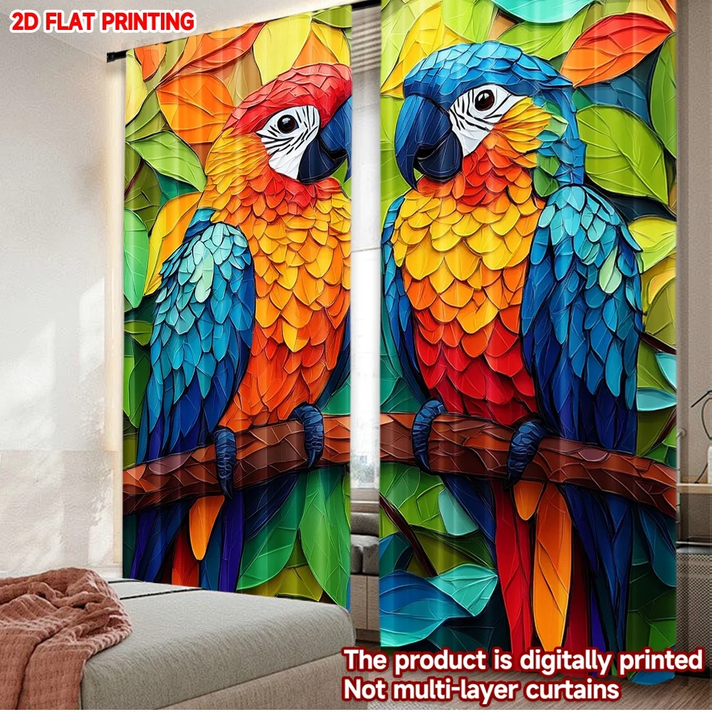 2D flat printing 2pcs Curtain Curtain Colorful Parrots on Branch Digital Printed Polyester Drapes Family Party Decoration for