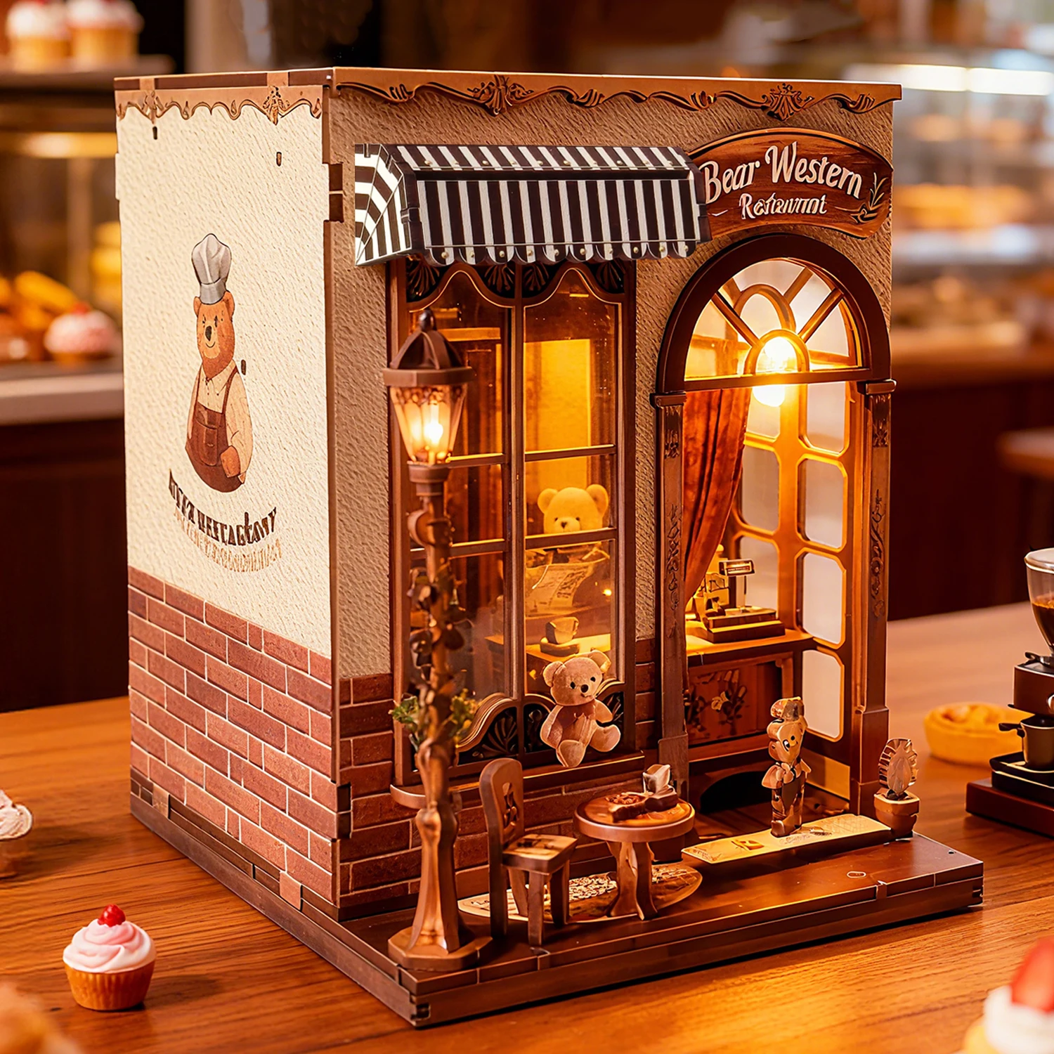 

NEW DIY Wooden Bear Western Restaurant Casa Figurines Miniatures With Lights for Friends Birthday Gifts Home Decor Crafts