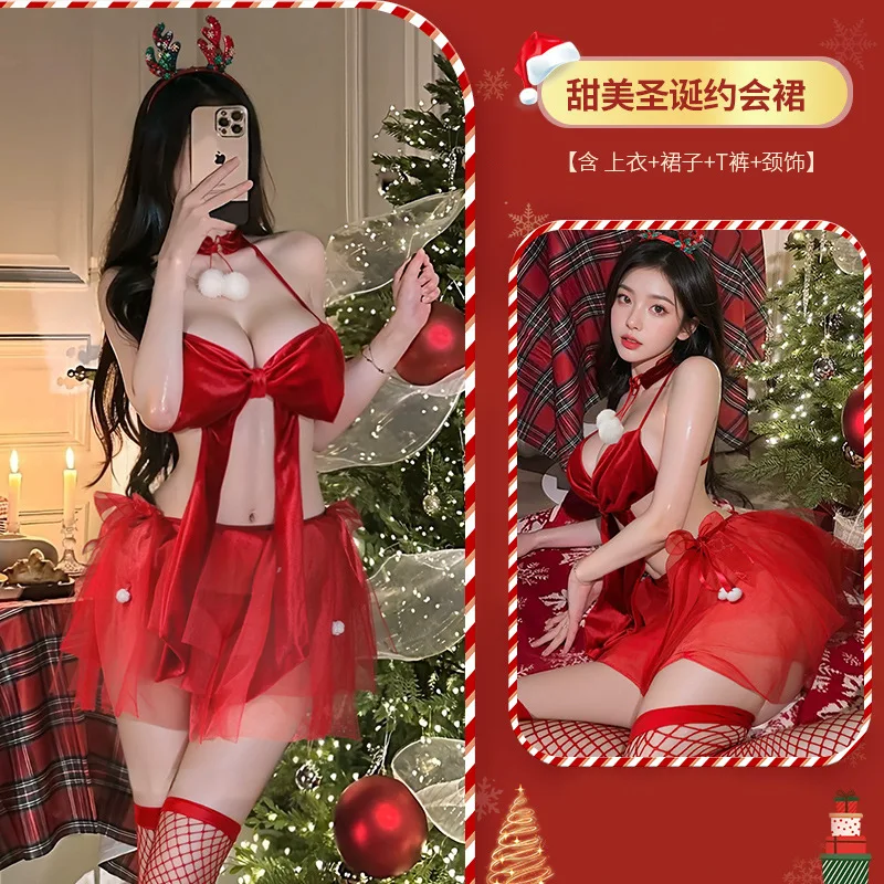 Nowa seksowna dwuczęściowa czerwona bielizna damska na Nowy Rok, erotyczna sukienka na imprezę świąteczną, kostiumy cosplay, przebranie króliczka, bielizna nocna.