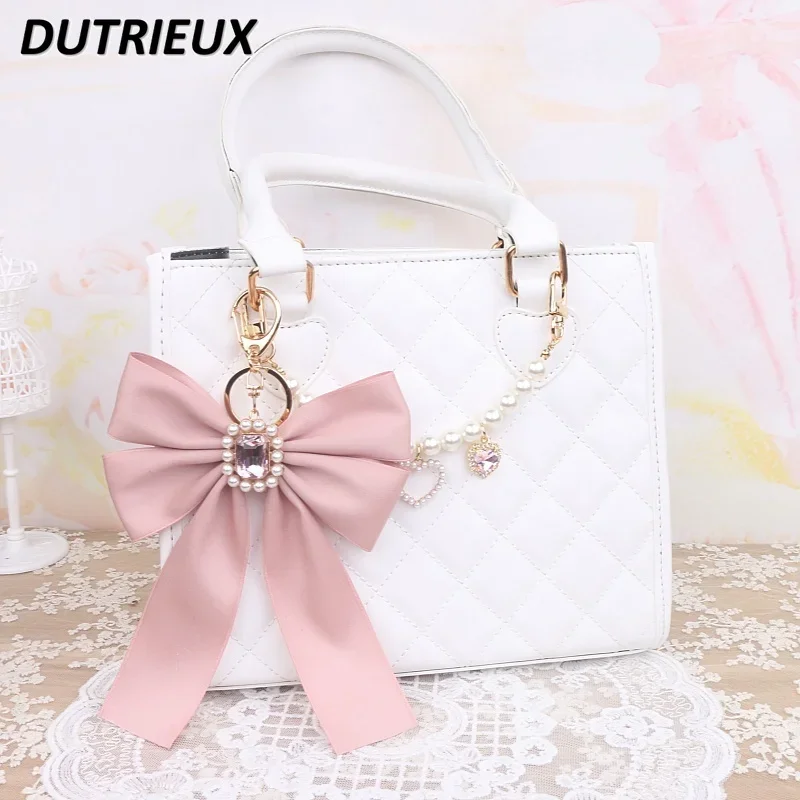 Japanese Mine Sweet Cute Accessories Big Bow Beaded Chain Rhinestone Heart Shape Bag Pendant for Women Key Chain Keychain