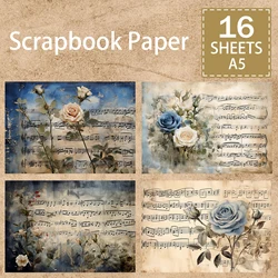 16 Sheets A5 Size Retro White Rose Flowers Blue Background Sheet Music Vintage Grunge Journal Planning Scrapbooking