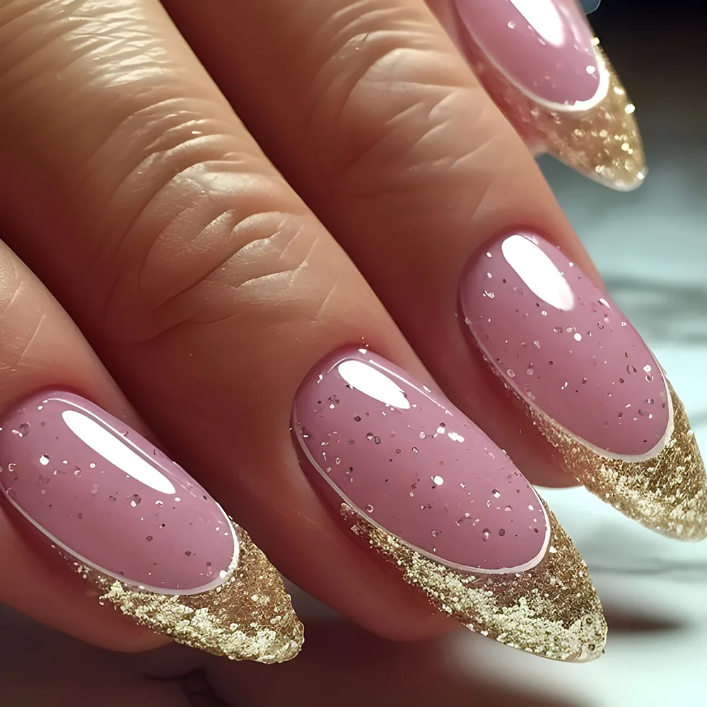 24Pcs Gradient Red Press on Nails with Sequin Glitter Long Almond Fake Nail Wearable Stiletto Nails Art Artifical False Nails
