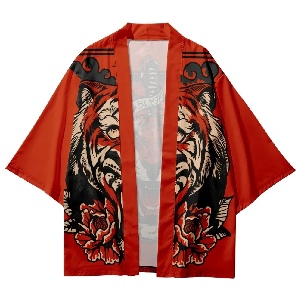 Quimono tradicional para homens e mulheres, camisas estampadas com a espada do tigre vermelho, casaco Yukata, cardigan estilo japonês, roupas Haori cosplay, tamanho grande