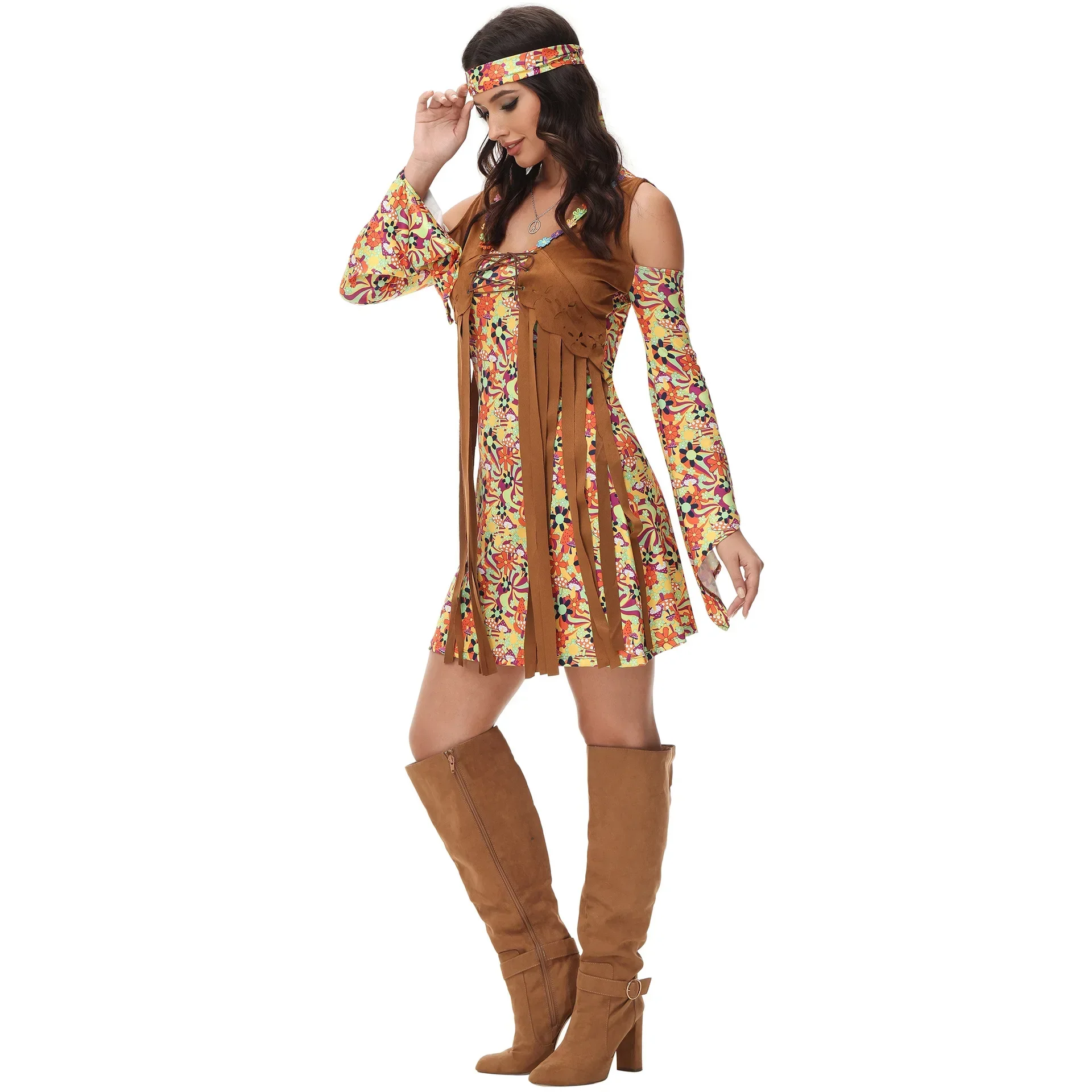 Donne anni '60 anni '70 Go Go Retro Hippie Boho Floral Disco Dress nappe indiane Costume Cosplay Halloween Party Fancy Dress Up