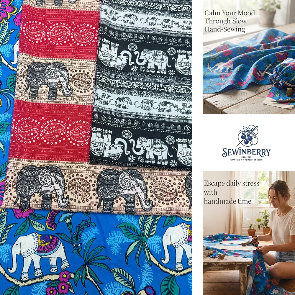 Thai Style Elephant Printed Cotton Fabric Stress-Relief DIY Sewing Material For Handmade Dress Patchwork Home Textile Handicraft