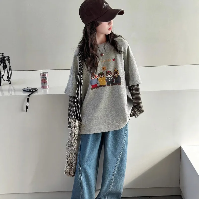 ZOETOPKID Girls' T-Shirt Set Children's Long Sleeve Bottoming Shirt and Pants Outfit Soft Cotton Cartoon Print 2pcs Set