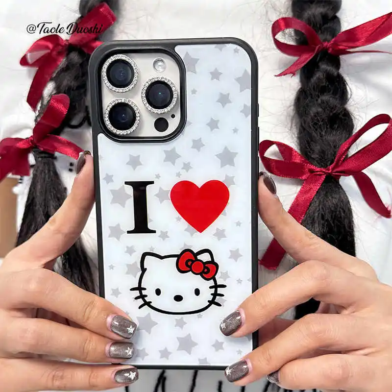 

Star Cute Retro I Love Hello Kitty KT Cat Phone Case For IPhone 16 15 14 13 12 11 Promax XS XR 7 8 Plus SE Matte Black Cover Y2k